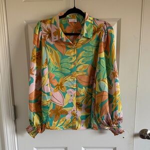 Pink Lily Tropical Floral Blouse | Colorful Button Down Boho Top Size M